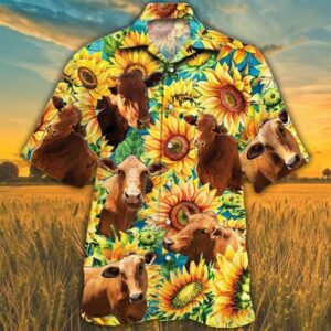 Farm Hawaiian Shirt, Sunflower Beefmaster Cattle…