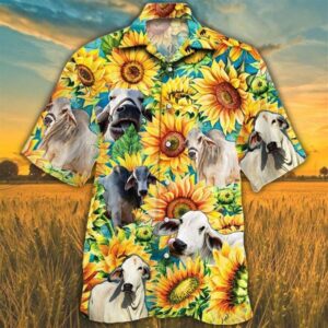 Farm Hawaiian Shirt, Sunflower Brahman Cattle…