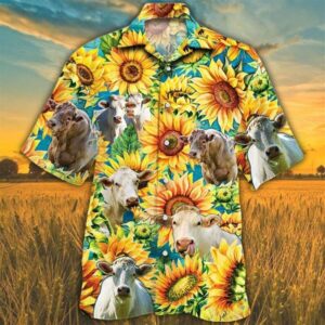 Farm Hawaiian Shirt, Sunflower Charolais Cattle…