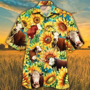 Farm Hawaiian Shirt, Sunflower Hereford Cattle…