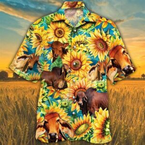 Farm Hawaiian Shirt, Sunflower Red Brahman…