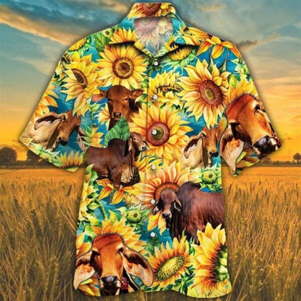 Farm Hawaiian Shirt, Sunflower Red Brahman Cattle All Printed 3D Hawaiian Shirt, Animal Hawaiian Shirt