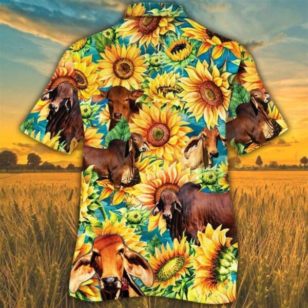 Farm Hawaiian Shirt, Sunflower Red Brahman Cattle All Printed 3D Hawaiian Shirt, Animal Hawaiian Shirt