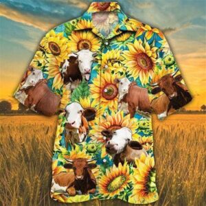 Farm Hawaiian Shirt, Sunflower Simmental Cattle…