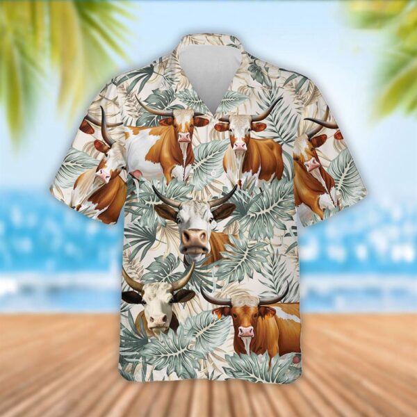 Farm Hawaiian Shirt, Texas Longhorn Cattle Tropical Leaf Pattern Hawaiian Shirt, Summer Gift, Animal Hawaiian Shirt