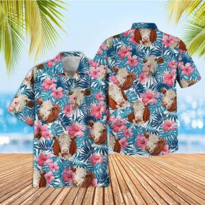 Farm Hawaiian Shirt, Tropical Hereford Blue…