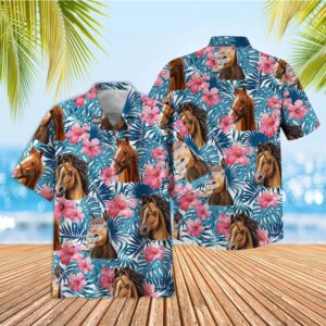 Farm Hawaiian Shirt, Tropical Horse Blue…