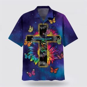 Christian Hawaiian Shirt, Jesus Butterfly Sunflower…