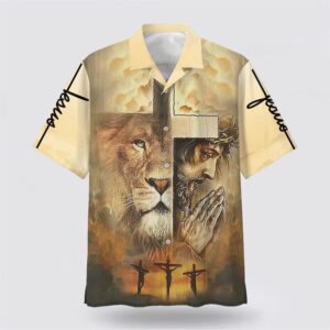 Christian Hawaiian Shirt, Jesus Praying Lion…