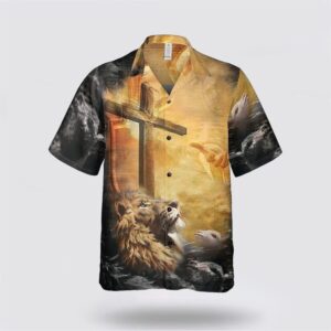 Christian Hawaiian Shirt, Lion Jesus Cross…