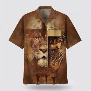 Christian Hawaiian Shirt, Lion Jesus Pray…