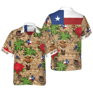 Texas Hawaiian Shirt, Brown Tribal Pattern…