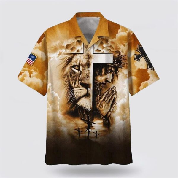 Christian Hawaiian Shirt, US Flag Lion Pray With Jesus On The Cross Christian Faith Hawaiian Shirt, Christian Clothing Hawaii