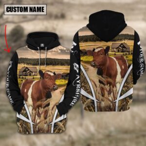 Ayrshire No Horns Custom Name Meadow Pattern Black Hoodie, Farm Hoodie, Farmher Shirt