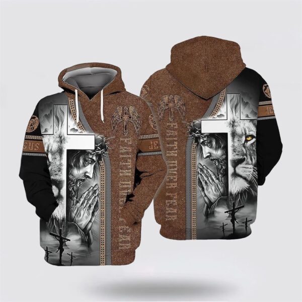 Brown Jesus Lion Faith Over Fear All Over Print Hoodie – Gift For Chirstian, Christian Hoodie, Bible Hoodies, Scripture Hoodies