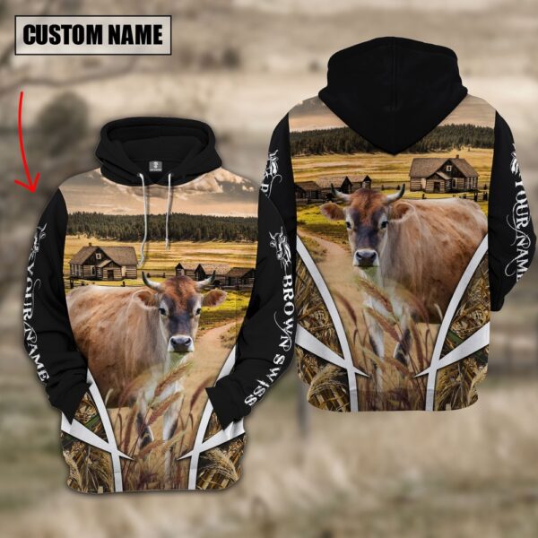 Brown Swiss Custom Name Meadow Pattern Black Hoodie, Farm Hoodie, Farmher Shirt