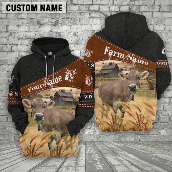 Brown Swiss On Farm Custom Name Printed 3D Black Hoodie, Farm Hoodie, Farmher Shirt