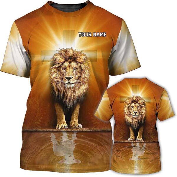 Cool Lion With Light Cross Custom Name 3D T-Shirt, Christian T Shirt, Jesus Tshirt Designs, Jesus Christ Shirt