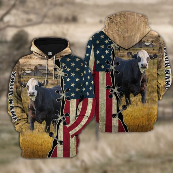 Custom Name Black Baldy Cattle American Flag 3D Shirt, Farm Hoodie, Farmher Shirt