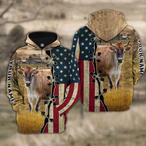 Custom Name Brown Swiss Cattle American Flag 3D Shirt, Farm Hoodie, Farmher Shirt