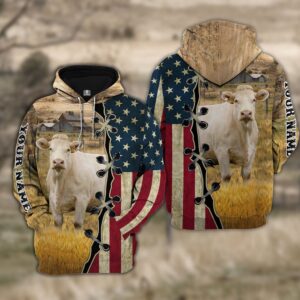 Custom Name Charolais Cattle American Flag…