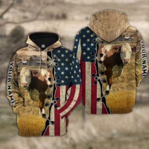 Custom Name Fleckvieh Cattle American Flag…