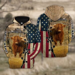Custom Name Highland Cattle American Flag…