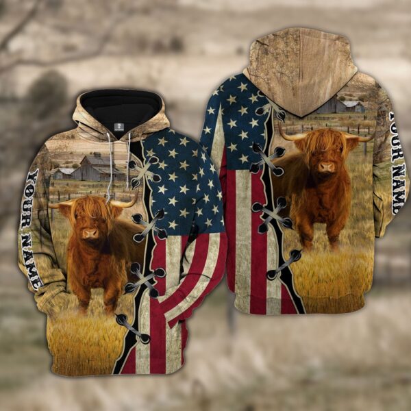 Custom Name Highland Cattle American Flag 3D Shirt, Farm Hoodie, Farmher Shirt
