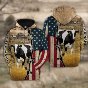 Custom Name Holstein Cattle American Flag…