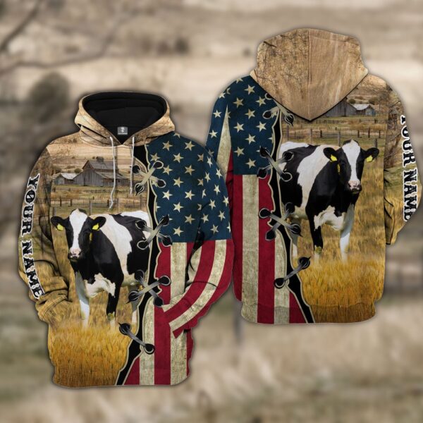 Custom Name Holstein Cattle American Flag 3D Shirt, Farm Hoodie, Farmher Shirt