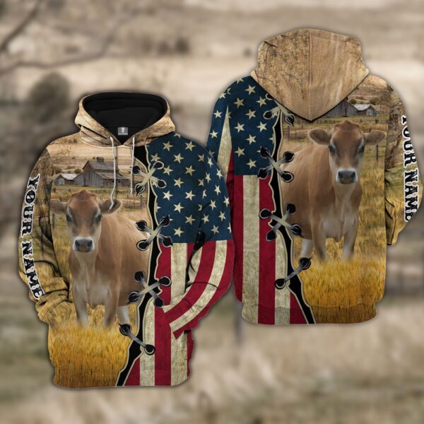 Custom Name Jersey Cattle American Flag 3D Shirt, Farm Hoodie, Farmher Shirt