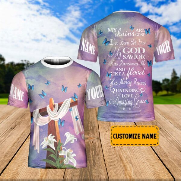 Custom Name Jesus Cross Lily Floral Butterflies Amazing Grace 3D T-Shirt, Christian T Shirt, Jesus Tshirt Designs, Jesus Christ Shirt