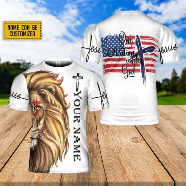 Custom Name Lion Jesus One Nation Under God 3D T Shirt, Christian T Shirt, Jesus Tshirt Designs, Jesus Christ Shirt
