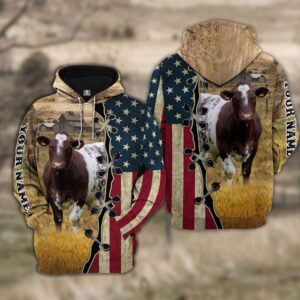 Custom Name Shorthorn Cattle American Flag…