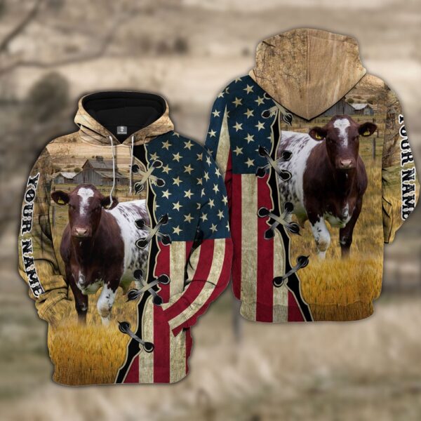 Custom Name Shorthorn Cattle American Flag 3D Shirt, Farm Hoodie, Farmher Shirt