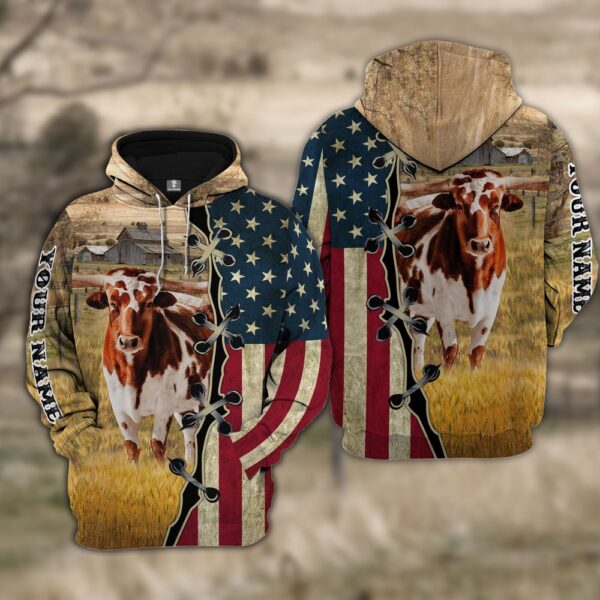 Custom Name Texas Longhorn Cattle American Flag 3D Shirt, Farm Hoodie, Farmher Shirt