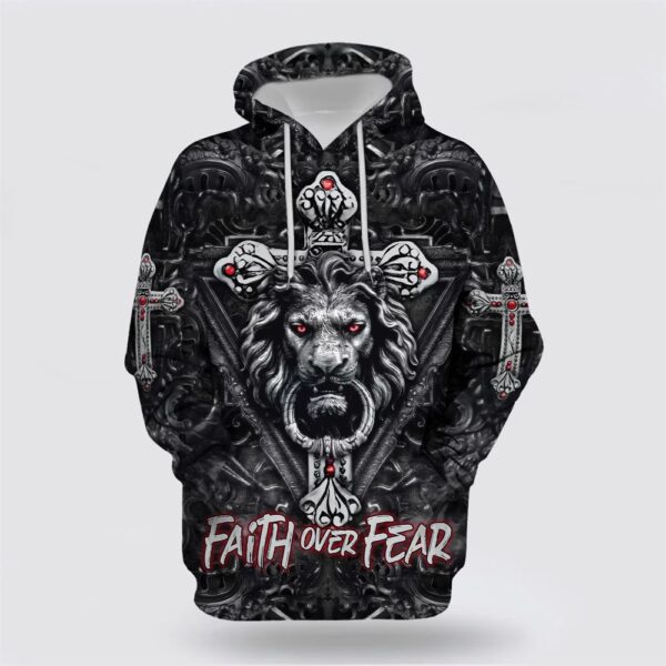 Faith Over Fear Gothic Lion Black 3D Hoodie, Christian Hoodie, Bible Hoodies, Scripture Hoodies