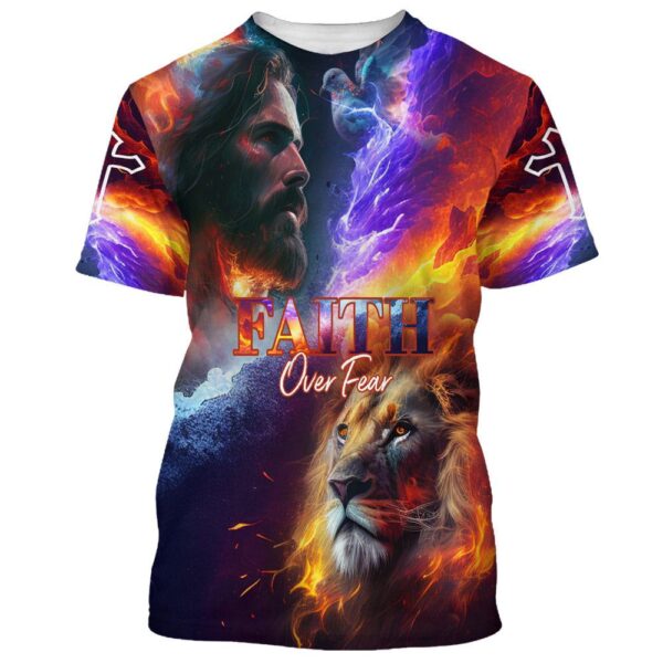 Faith Over Fear Jesus And Lion 3D T-Shirt, Christian T Shirt, Jesus Tshirt Designs, Jesus Christ Shirt