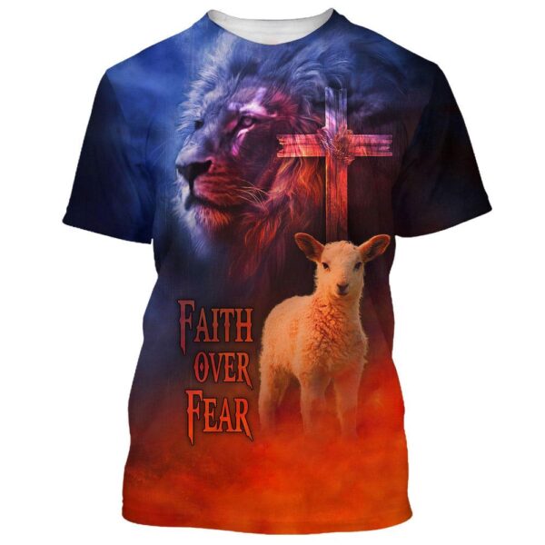 Faith Over Fear Lion And Sheep 3D T-Shirt, Christian T Shirt, Jesus Tshirt Designs, Jesus Christ Shirt