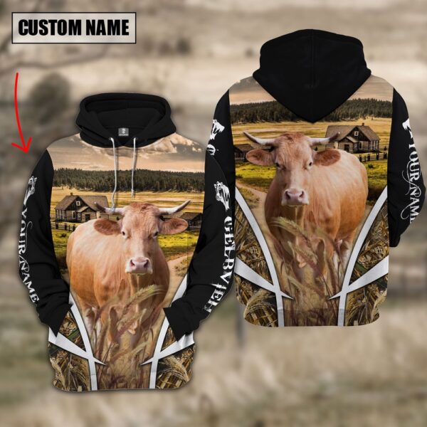 Gelbvieh Custom Name Meadow Pattern Black Hoodie, Farm Hoodie, Farmher Shirt