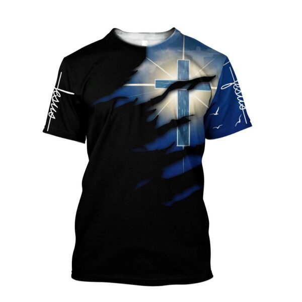 Glowing Light Cross Black And Blue Color Jesus Unisexs 3D T-Shirt, Christian T Shirt, Jesus Tshirt Designs, Jesus Christ Shirt