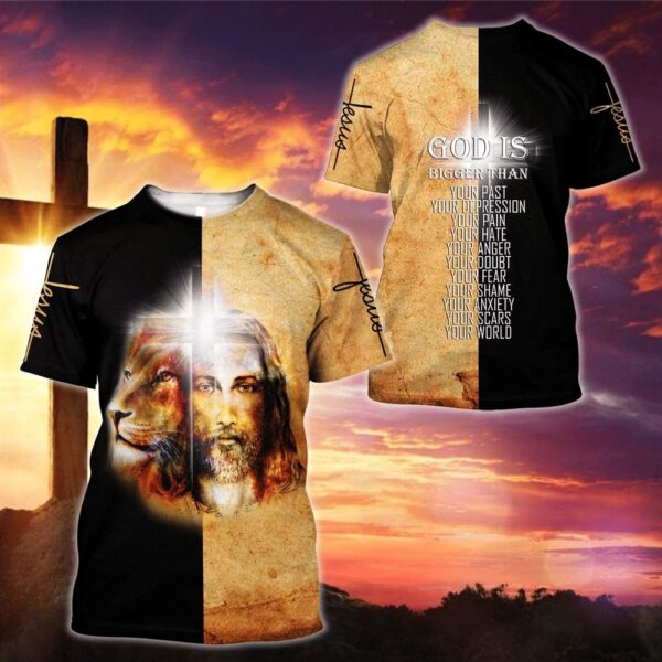 God Is Bigger Than Jesus And Lion Jesus 3D T-Shirt, Christian T Shirt, Jesus Tshirt Designs, Jesus Christ Shirt