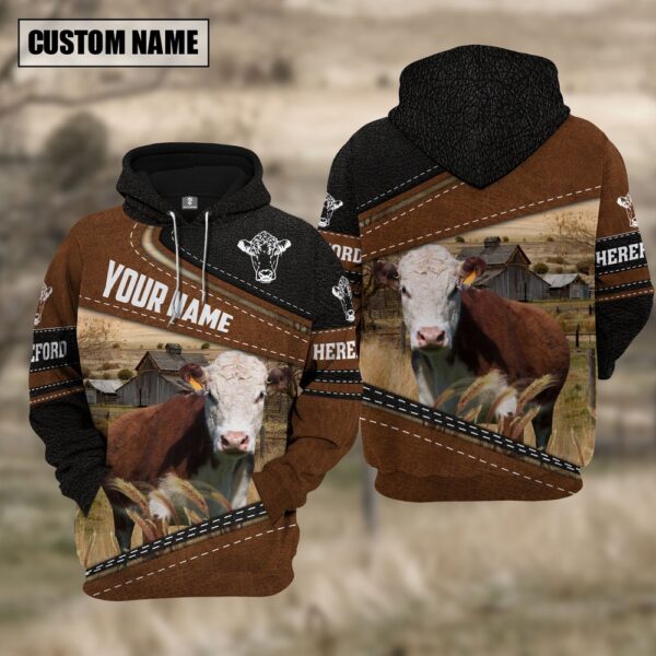 Hereford Cattle Leather Pattern Farm Personalized 3D Hoodie, Farm Hoodie, Farmher Shirt