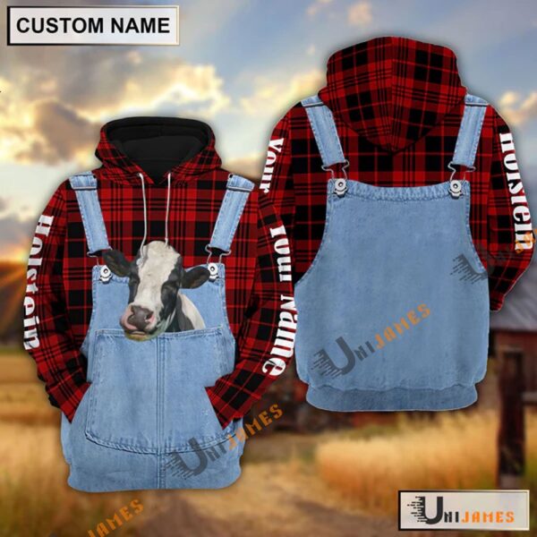 Holstein Red Jeans Pattern Personalized Name 3D Hoodie, Farm Hoodie, Farmher Shirt