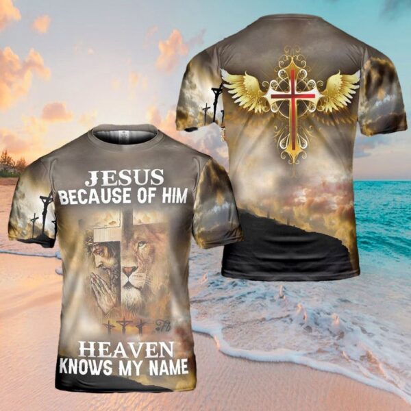 Jesus Because Of Him Heaven Knows My Name 3D T-Shirt, Christian T Shirt, Jesus Tshirt Designs, Jesus Christ Shirt