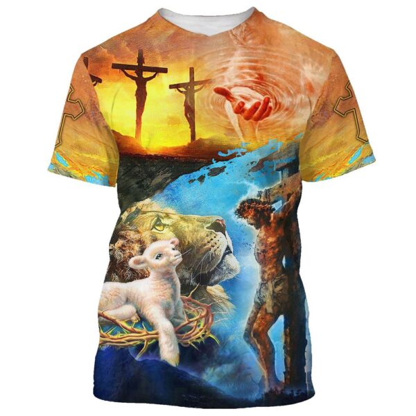 Jesus Christ Crucified Lion And The Lamb 3D T-Shirt, Christian T Shirt, Jesus Tshirt Designs, Jesus Christ Shirt