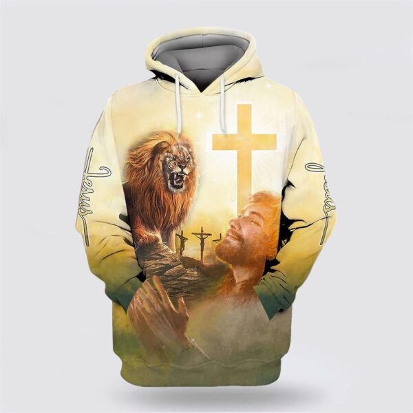 Jesus Lion Cross All Over Print Hoodie Shirt, Christian Hoodie, Bible Hoodies, Scripture Hoodies