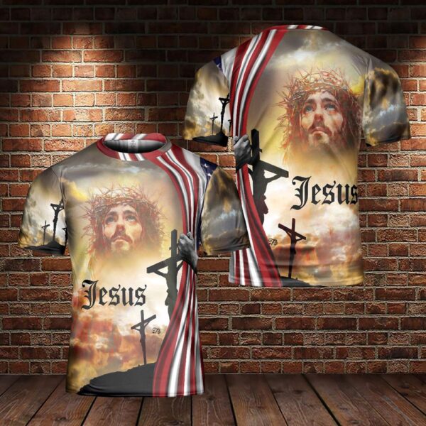 Jesus Portrait Jesus Cross American Flag One Nation Under God 3D T Shirt, Christian T Shirt, Jesus Tshirt Designs, Jesus Christ Shirt