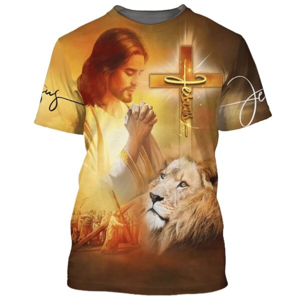 Jesus Pray And The Lion 3D T Shirt, Christian T Shirt, Jesus Tshirt Designs, Jesus Christ Shirt
