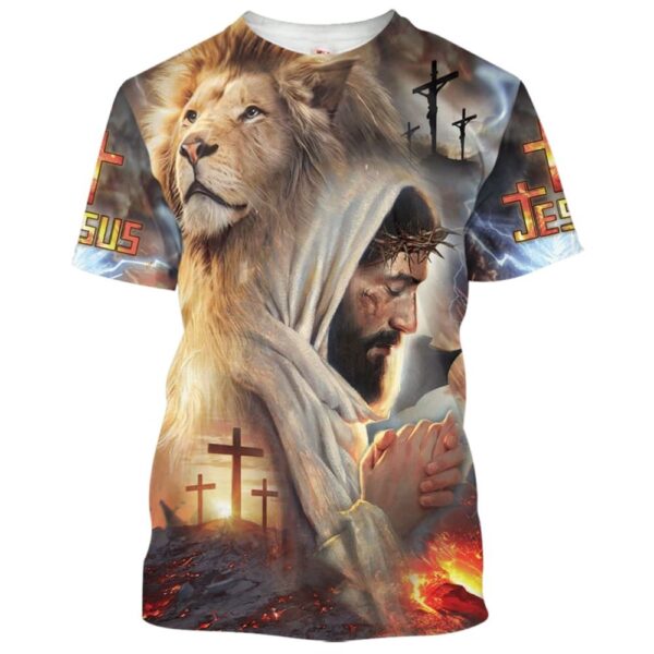 Jesus Prayer With Lion 3D T Shirt, Christian T Shirt, Jesus Tshirt Designs, Jesus Christ Shirt